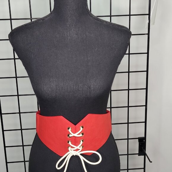 Women's LCF Steampunk Red and White Lace-up Elastic Waistband Corset Belt - Picture 1 of 17